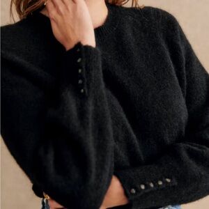Sezane Black Buttoned Crew Neck Sweater